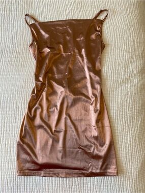 NWT Zaful Metallic Bronze Cowl Neck Mini Dress Adjustable Straps Size 8-10